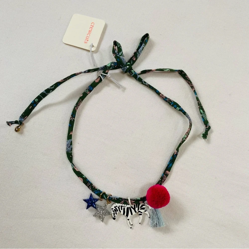 Crewcuts J.Crew Girls Fabric Zebra Star Pompom Necklace Green Pink NWT